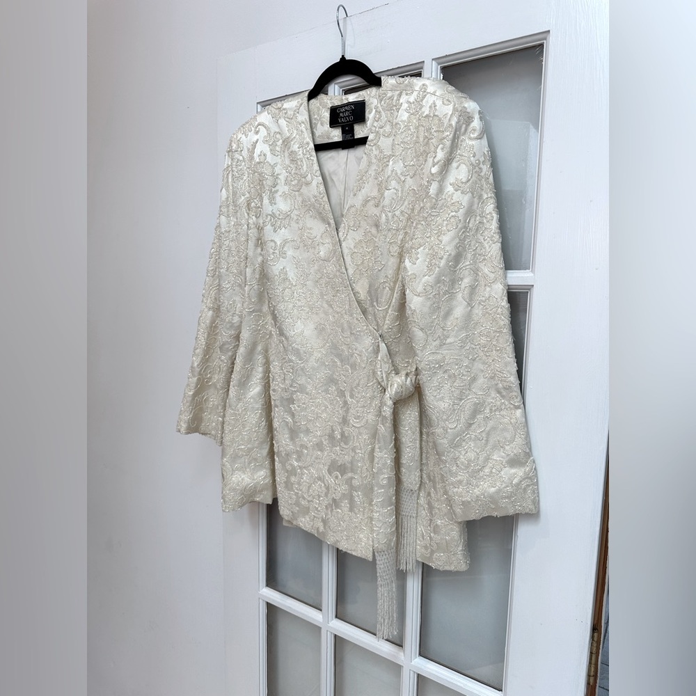 Vintage Carmen Marc Valvo Ivory Cream Lace Sequin Beaded Formal Jacket Size 14 L - Picture 6 of 16